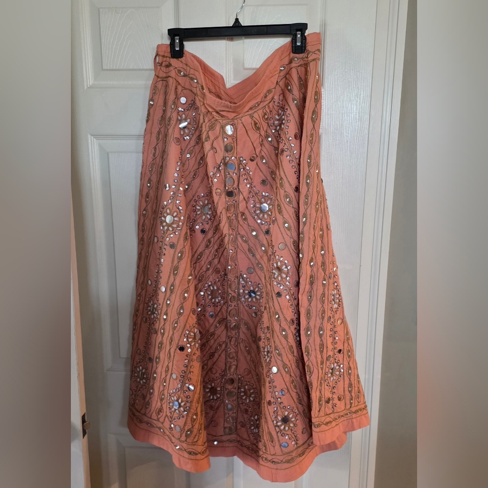 NWT Baba Clothing Los Angeles Mirrored Beaded Draw String Peach Maxi Skirt OS